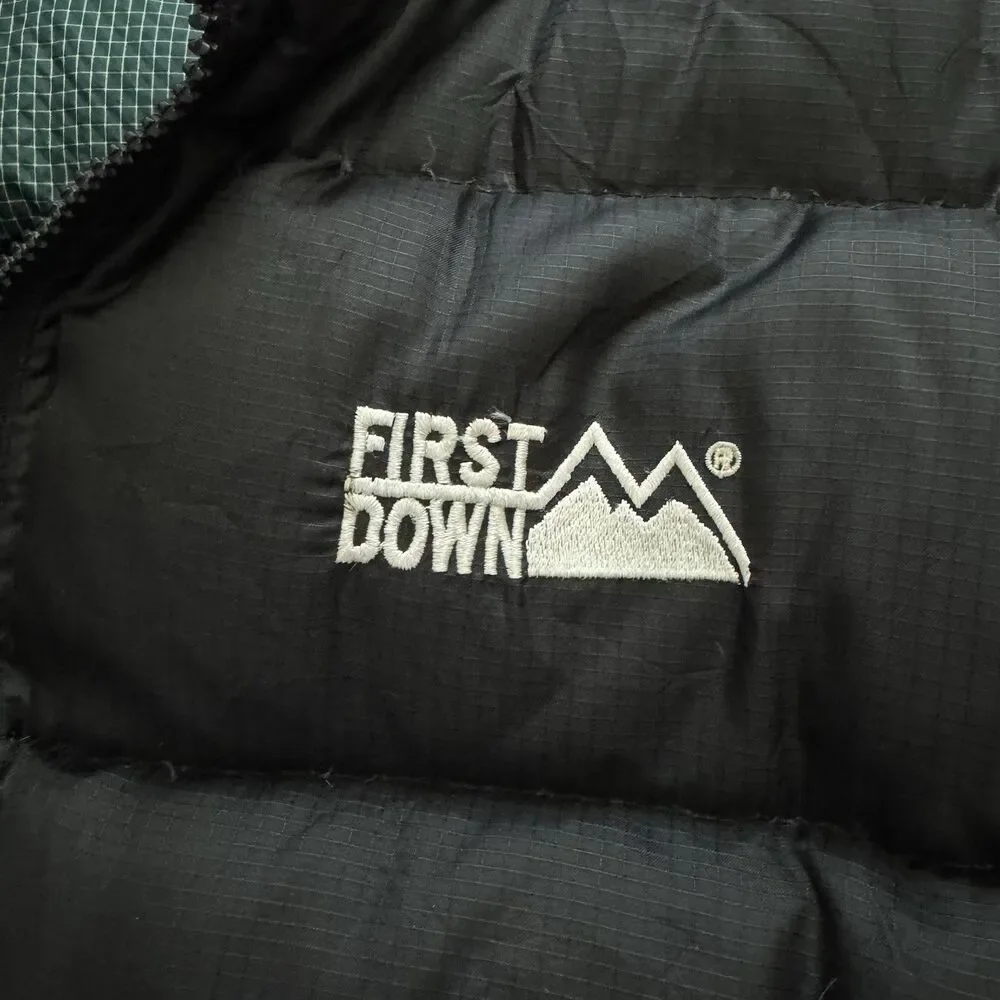 Vintage 90s First Down Men XL Duck Down Puffer Coat Reversible Green Black